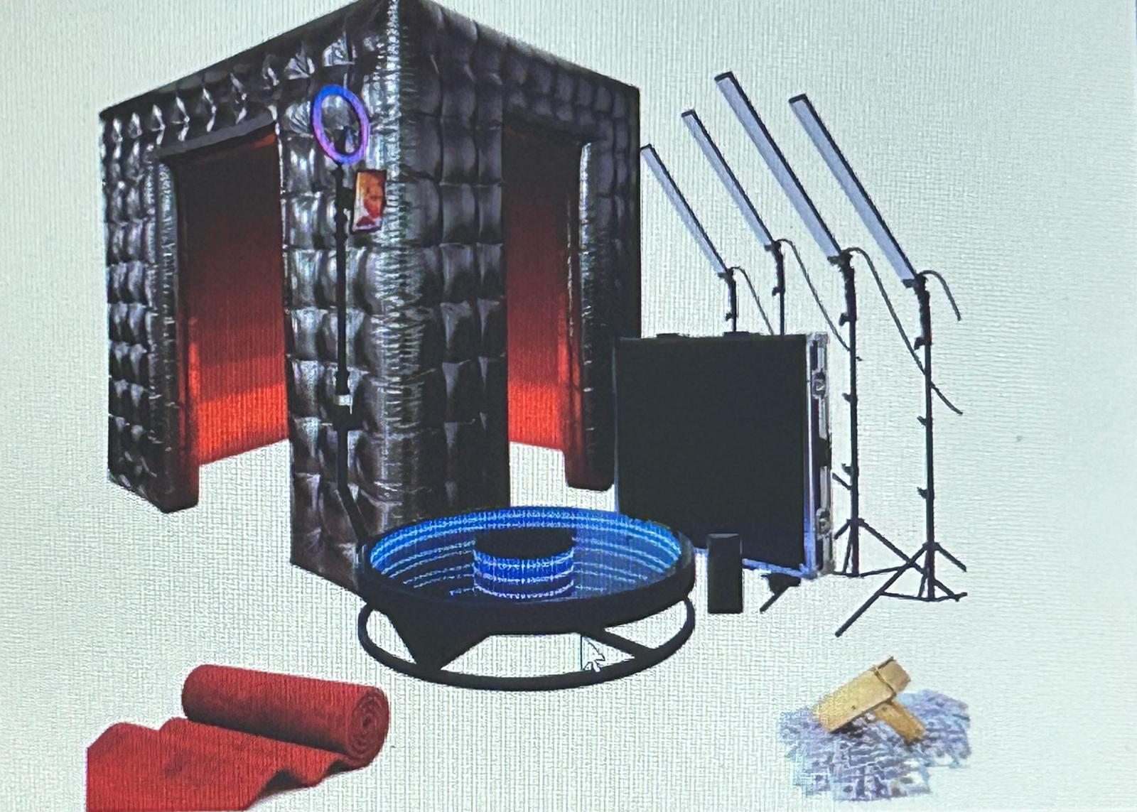 360 camera booth setup with inflatable enclosure, ring light, and red carpet